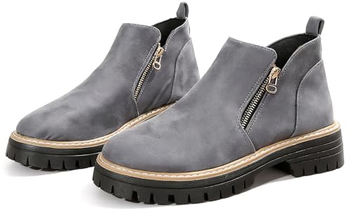 BANGTEUO Chunky Heel Ankle Boots For Women Suede Comfy Platform Lug-Sole Round Toe Short Booties With Side Zipper Casual Vintage Shoes (Grey,9)