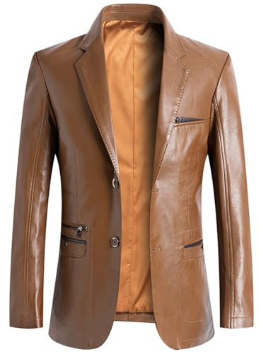 XDFVC Faux Leather Suit Jacket Men Stylish Two Button Motorcycle Jackets Faux Leather Blazer Casual Regular Fit Sports Coats