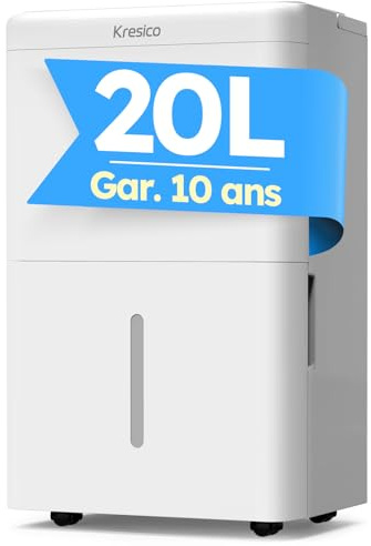 Kresico Déshumidificateur d'air 20L/J, Deshumidificateur d air anti moisissure, Deshumidificateur d air electrique 150m³/50m², Pour salle de bain, salon et cave, Silencieux, Minuterie 24h, Gar. 10 ans