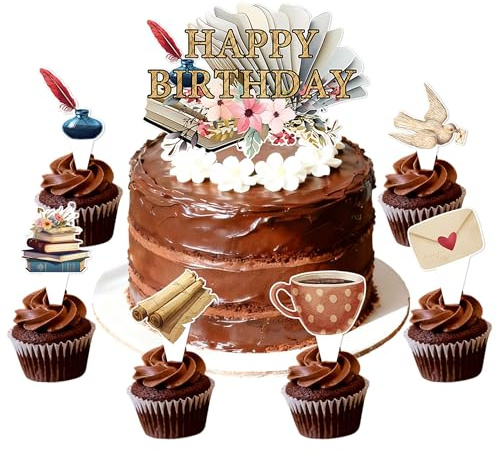 LaVenty 25 PCS Reading Happy Birthday Cake Muffin Decor Cupcake Toppers Book Club Birthday Party Decorations Book Lovers Cake Decors