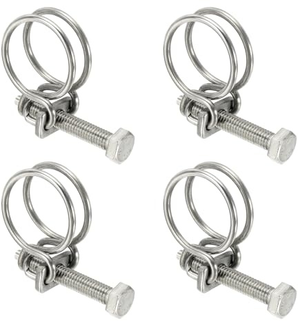 sourcing map 4Pcs Double Wire Hose Clips 25-29mm Adjustable with M8 Screw | Adjustable, 304 Stainless Steel, Silver, Wire Pipe Tube Clamps, Plumbing Joint Fastener, for Dust Collection Pool Pond