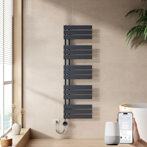 EMKE Toallero electrico baño con WiFi Termostato, 1320x400mm, 600W, Radiador Toallero Eléctrico, Antracita,Resistencia Calefactora con Temporizador,Función de Memoria
