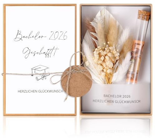 Hestya Geldgeschenk zum Bachelor Abschluss 2026 | Geschenkbox Set mit Trockenblumen, Glückwunschkarte & Reagenzglas, Abschlussgeschenk für Studium & bestandene Prüfung