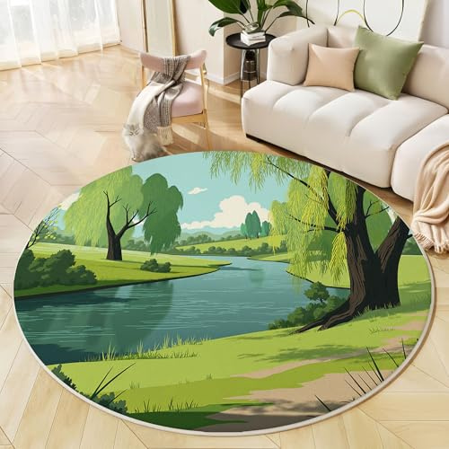Tappeto Rotondo Verde Decorativo, Cartone Animato Scenario Naturale Tappeto Antiscivolo Lavabile in Lavatrice, Ultra morbido Fiume Salice Tappeti, per Soggiorno Camera da Letto Cucina 90cm