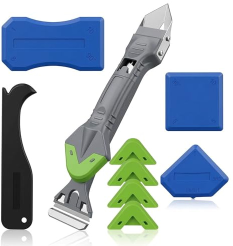Herramienta de removedor de silicona. El juego incluye: extractor de silicona un raspador de juntas 5 en 1, 6 almohadillas de silicona intercambiables y una boquilla de sellado, removedor de silicona