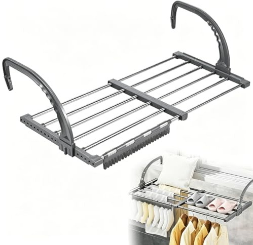 XUTUUDID Wäscheständer Balkon, 38-55 cm Wäschetrockner Ausziehbar Faltbar Klein, Heizkörper Wäscheständer Heizung, Hängetrockner Wand für Draußen & Drinnen, Winddicht Sockenaufhänger Inklusive.