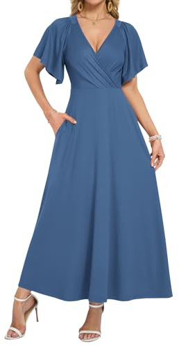 WNEEDU Long Summer Dresses Women UK Elegant Deep V Neck Maxi Wrap Dress | Ladies Summer Long Dress Emprie Waist Ruffle Sleeve Formal dress Wedding Guest dress Holiday Evening