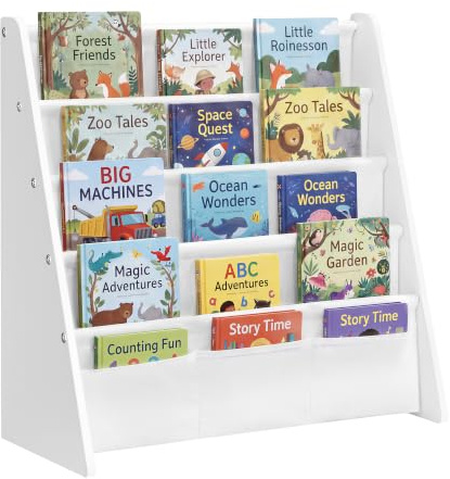 SONGMICS Kids Bookshelf, 4-Tier Sling Bookcase, 62.4 x 25 x 60 cm | Children's Book Storage Organiser, for Playroom and Bedroom, Cloud White, TEZA Collection GKR079WB01