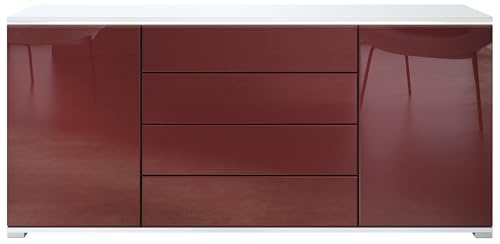 Vladon Buffet Faro V2, Commode avec 2 Portes et 4 tiroirs, Blanc Mat/Bordeaux Haute Brillance (166 x 72 x 35 cm)