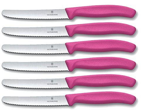 Victorinox 6 Stück Tafelmesser - Küchenmesser - Brötchenmesser Swiss Classic mit Wellenschliff - Swiss Made - Pink