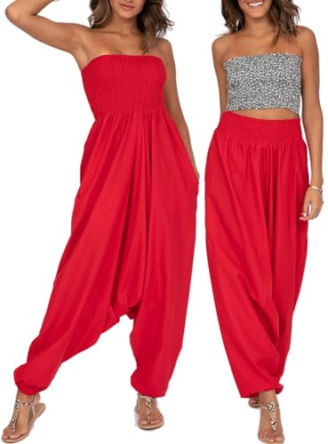 likemary Haremsbyxor dam overall – 2-i-1 axelbandslös sparkdräkt konverterar till bekväma boho-ballongbyxor med fickor – en storlek, Röd, one size