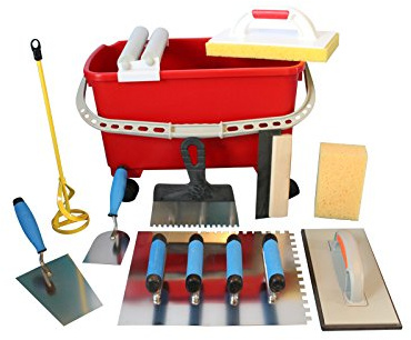Grosses Fliesenwaschset Fliesen Waschset Fliesenwascheimer 22 Liter mit Rollenaufsatz und Werkzeugset Glättekellen Hydro-Waschbrett Ausfugbrett uvm. + GRATIS Spachtel 100 mm