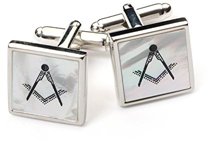 The Masonic Collection - Perlmutt Manschettenknöpfe – Silber rhodiniert – quadratisch und Kompass – schwarz emailliert – Lieferung in luxuriöser Manschettenknopf-Box – ein perfektes