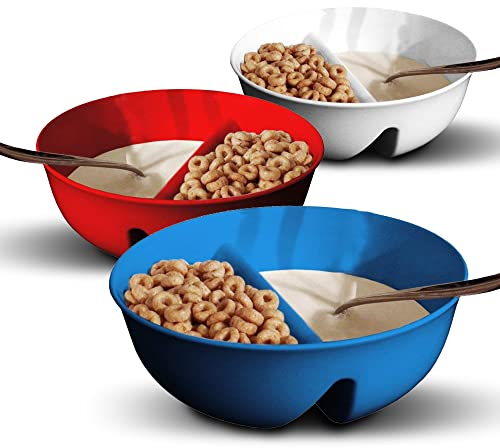 Just Solutions Crunch Anti-Soggy Cereal Bowl - Keeps Cereal Crunchy | BPA Free | Microwave Safe | Ice Cream & Topping, Yogurt & Berries, Fries & Ketchup & More - Red, White & Blue - Pack of 3