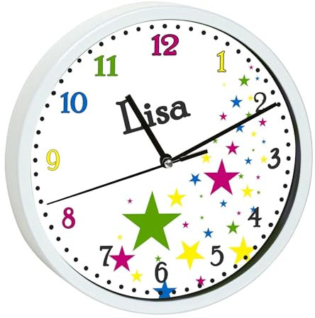 CreaDesign, Wanduhr Kinder personalisiert mit Name, Motiv Sterne, Rahmen Wanduhr weiß, Ø 19,5 cm