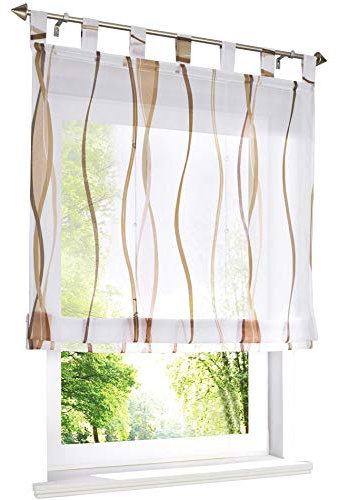 Voile Raffrollo mit Wellen Druck Design Rollos Schlaufen Transparent Vorhang (BxH 80x140cm, Sand)