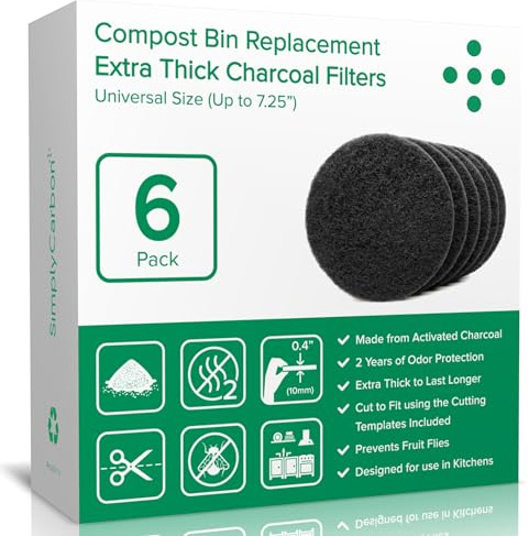 2 Years Supply Extra Thick Filters for Kitchen Compost Bins - Longer Lasting Activated Charcoal - Universal Size Fits ALL Compost Bins up to 7.25 Filter Size - Replacement Set of 6 (by Simply Carbon)