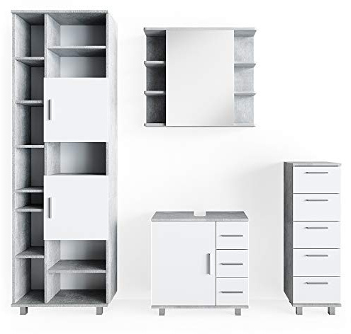 Vicco Badmöbel-Set Ilias, Beton, 60 cm, besteht aus Waschbeckenunterschrank, Spiegelschrank, Hochschrank und Midischrank
