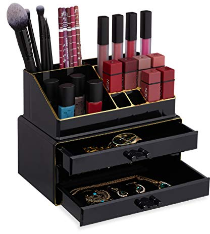 Relaxdays Make Up Organizer klein, 2-teilige Schminkaufbewahrung mit Schubladen, stapelbares Kosmetikregal, schwarz/Gold
