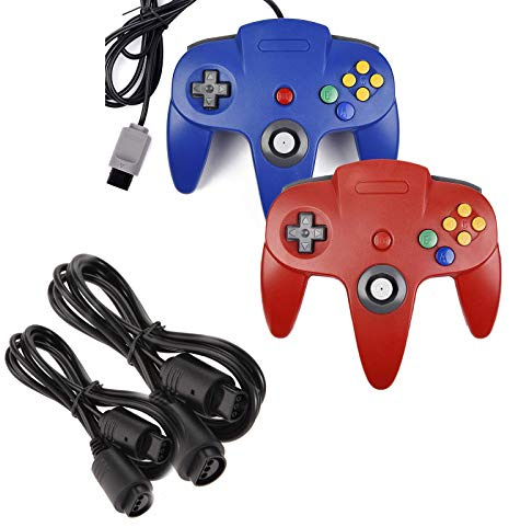 miadore Paquete de 2 controladores clásicos N64 (azul/rojo) con 2 cables de extensión de controlador N64 de 6 pies para videojuegos de consola N64