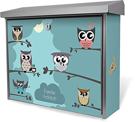 banjado® Burgwächter Briefkasten Edelstahl 38,5x31,5x12cm mit Motiv Acht Eulen/Briefkasten Edelstahl ohne Zeitungsfach/Briefkasten grau/Postkasten inkl. Montagematerial & 2 Schlüsseln