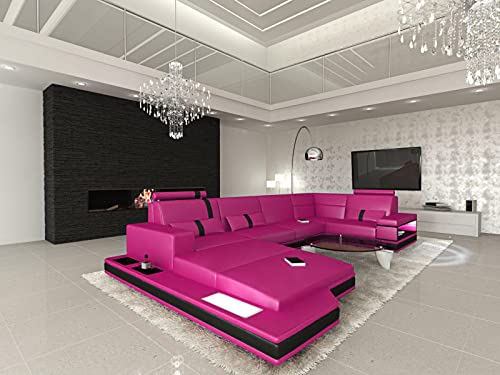 Sofa Wohnlandschaft Messana U Form Leder - mit LED Beleuchtung, verstellbare Kopfstützen, Recamiere/Lederfarben wählbar/Ausrichtung Ottomane wählbar (Ottomane Links, Pink-Schwarz)