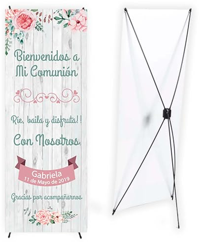 Cartel Comunión niña Flores Mint y Fondo Madera con Soporte 60 x 160 cm. Decoración comunión, Photocall Personalizado con Nombre y Fecha. Fabricación Española, Banner de Bienvenida