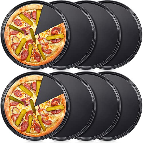 Meanplan 8 Pcs Non Stick Bakeware Pizza Pan Round Pan for Oven Carbon Steel Oven Tray Pie Baking for Home Restaurant Kitchen Baking Supplies, Black(12 Inch)