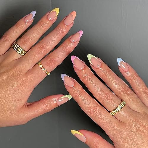 24 Stück Künstliche Nägel Mandel Mittel, French Regenbogen Kunstnägel Acryl Nägel Zum Aufkleben, Glossy Nude Falsche Nägel Fingernägel Fake Nails für Frauen Mädchen Fingernägel Verlängerung