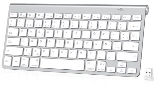 PINKCAT Teclado inalambrico, Bluetooth & 2.4G QWERTY español Layout, Teclado Mac, Magic Keyboard, Wireless Keyboard con Teclas Multimedia para PC, portátil, Ordenador portátil, Windows (Plata)