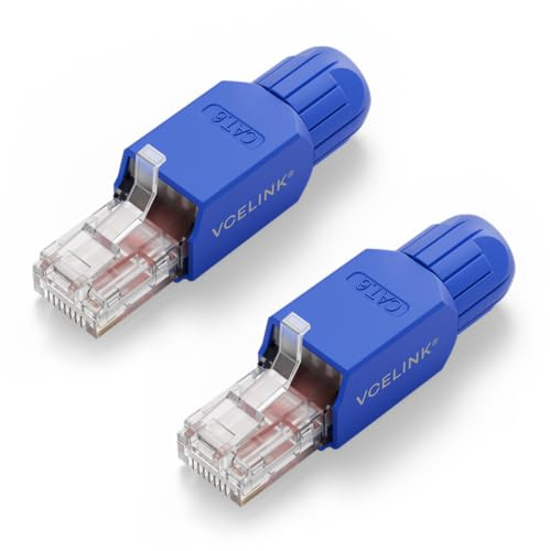 VCELINK Cat6 Conector RJ45 sin Herramientas Reutilizable, 1000 Mbps /250 MHz, UTP Clavija RJ45 Chapado en Oro, Compatible con Router, Switch, Módem, Ordenador, Azul, 2 Unidades