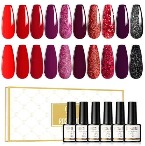 ROSALIND Semipermanente Unghie Rosso 10 Colori Smalti Semipermanenti per Unghie Nero Fucsia Rosso Scuro Glitter Smalto Semipermanente Gel Nail Polish Soak Off UV LED, 8ml