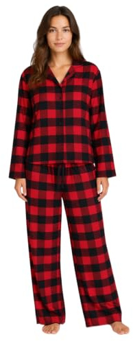 BEEYANOPAL Ensemble Pyjama Femme Flanelle 100% Coton Doux Chaud Haut boutonné Pantalon élastique à Carreaux avec Poches