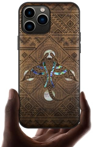 Carveit Étui pour iPhone 11 Pro Coque [Gravure en Bois et Incrustation de Coquille] Cover Compatible avec Apple 11 Pro Luxe et Case Etui Bois (Noyer-Die Stammes-Manta-Rochen)