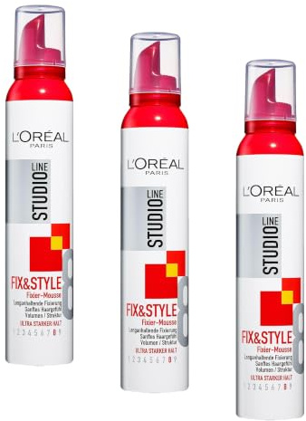 L'Oréal Paris Studio Line Schaumfestiger, Volumen und Struktur, 24 h ultra-starker Halt, Kein Verkleben, Fix&Style Fixier-Mousse, 1 x 200 ml (Packung mit 3)