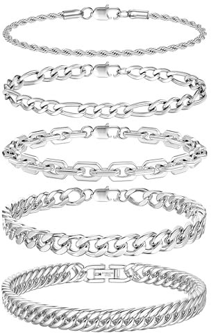 Adramata 5 Stücke Armband Herren Edelstahl-Armbänder für Herren Silber, Herren Hip Hop Armband Panzerkette, Schwer Glieder Cuban Link Armband, Herrenschmuck Geschenke, 19/21/23 CM,19