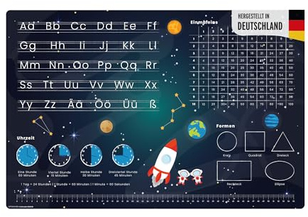 Pädagogische Schreibtischunterlage – Weltraum Rakete Astronaut – ABC & 1x1 – 60x40 cm – abwischbares Vinyl – von Lehrern zur Einschulung empfohlen – Made in Germany