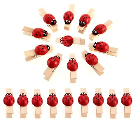 Mini Mollette Naturale di Legno, Mini Clip con Coccinella per DIY, Decorazioni, Chiusura Sacchetti Foto Biglietti Scrapbooking Matrimonio Feste (28PZ x 35MM)