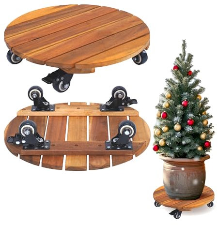 Timberholm Pflanzen-Caddy aus Holz mit Rädern, 35,6 cm, robuster Rollständer mit 360° feststellbaren Rädern, runder Rollwagen aus Holz für Innen- und Außenbereich, große Pflanzen, Terrassentöpfe