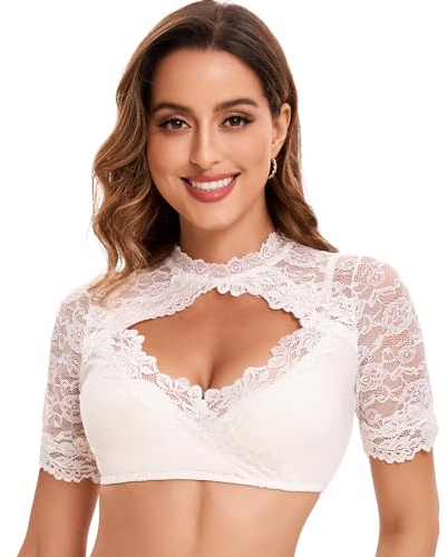 Goxozzy Dirndlbluse Spitze Damen Oktoberfest Trachtenbluse Kurzarm hinten mit Knopf Weiß Schwarz Größen 34-44 (DE/NL/SE/PL, Numerisch, 42, Regular, Regular, Weiß)