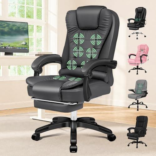 ELFORDSON Executive Office Chair with 8-point Massage Seat Heated, PC Desk Gaming Chair with Armrests Footrest High Back 150° Recliner Tilt Padded Swivel PU Leather, Grey