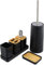 Focenat Set de Baño 7 Piezas, Juego de Accesorios de Baño, Soporte para Cepillo de Dientes, Dispensador de Jabón, Jabonera, Cepillo y Escobilla de Baño, Negro, Moderna, Kit Accesorios Baño