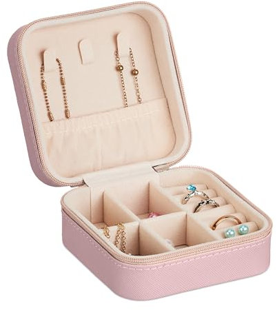 Relaxdays Valigetta Portagioie, Cofanetto Porta Gioielli da Viaggio, Organizer Anelli, Collane, 5 x 10 x 10 cm, Rosa, Velluto