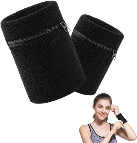 DAAIZIII 2 Stück Sport Handgelenk Tasche, Schweißband Handgelenk für Fitness, Laufen, Radfahren, Fußball, Basketball & mehr - Schwarz, 7.5 x 8 cm
