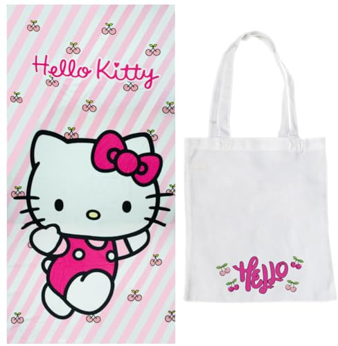 ms móvil shop Asciugamano per bambini Hello Kitty Microfibra Stampa Spiaggia Nuoto 100% Poliestere 70 x 140 cm + Borsa da Spiaggia in Tessuto Regalo per Bambini Estate Vacanze | Prodotto Ufficiale