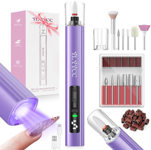 YLYYCC Electric Nail Drill Cordless Nail File with UV Lamp:Professional for Acrylic Gel Dip Powder Nails Portable Nail Kit Machine for Women Girl Manicure Pedicure Nail Set Rechargeable Lightweight
