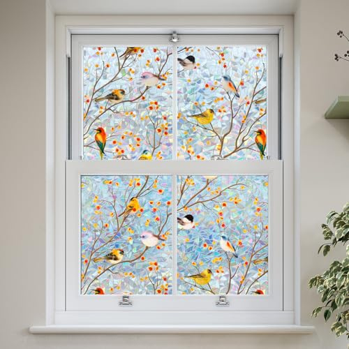 dktie Fensterfolie Sichtschutzfolie Fensteraufkleber Regenbogen Fensterfolie mit Vogel und Zweig, Statisch Haftende Geeignet für Raumdekoration, Wohnzimmer, Badezimmer, Kinderzimmer 44,5 x 200 cm