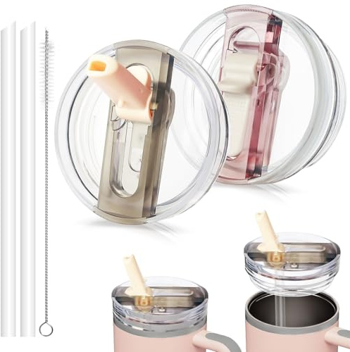 DealKits 2 unidades compatibles con la tapa Stanley Cup a prueba de fugas, tapa de repuesto para taza de 40 oz, con 2 pajitas y 1 pajita, sin BPA, apto para lavavajillas, reutilizable (blanco + rosa)
