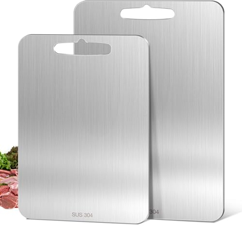 Lot de 2 planches à découper en acier inoxydable double face de qualité alimentaire pour viande, pain, légumes et fruits, résistantes à la chaleur et durables (20 x 29 cm, 23 x 34 cm)
