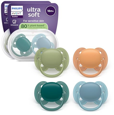 Philips Avent chupetes ultra soft: diseño anatómico, para bebés a partir de 18 meses, escudo flexible, tetina simétrica extrafirme de silicona, sin BPA, con 2 fundas, paquete de 4, SCF093/08